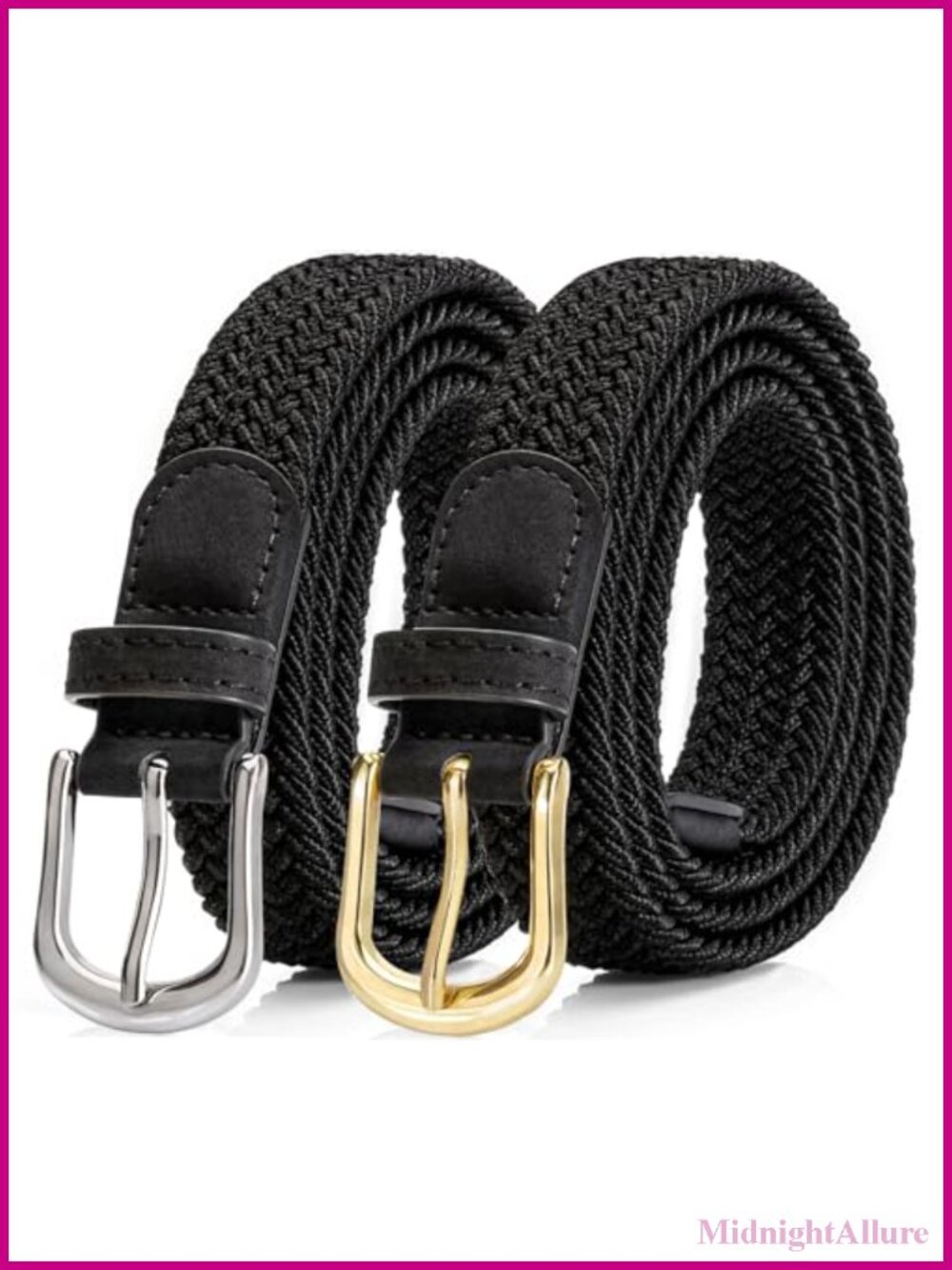 2 Pack Braided Elastic Woven Stretch Belt 1 Inch Width PU Leather Wrapped End